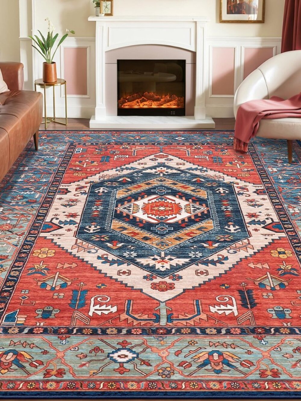 8x10 Washable Non Slip Boho Area Rug for Living Room，Rust